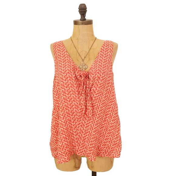 Maeve Verena Anthropologie Tank Top S Tie Front Smocked Geo Print Orange EUC B29 - Picture 1 of 5